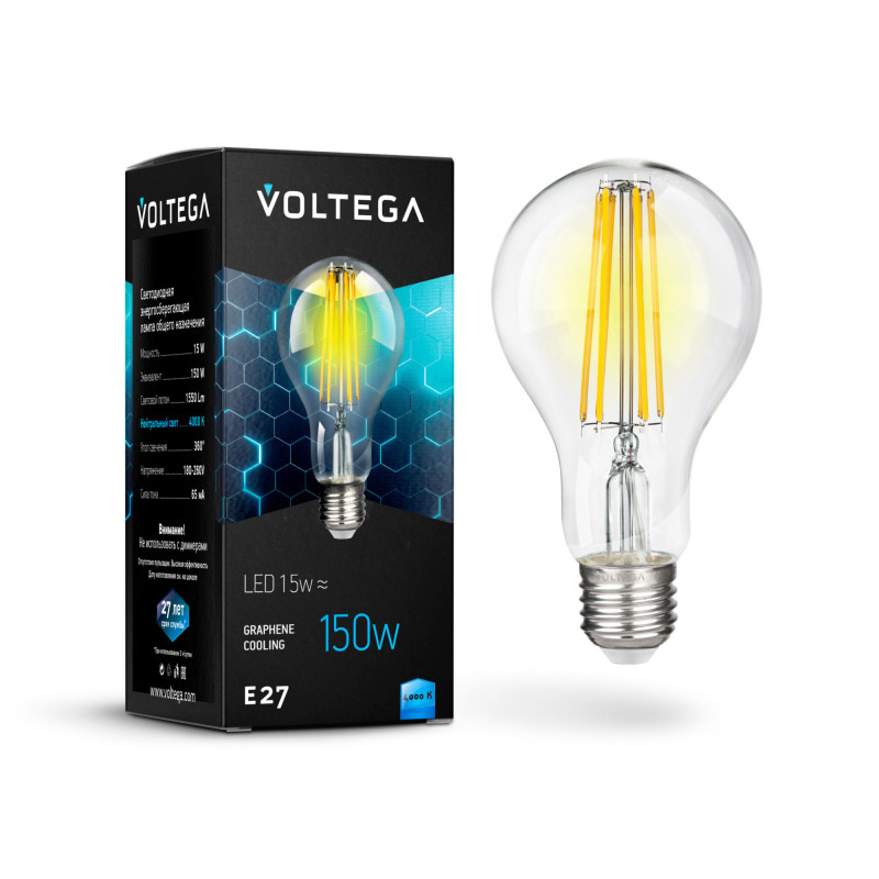 Лампа светодиодная филаментная E27 15W 4000К прозрачная VG10-A1E27cold15W-F 7103 фото